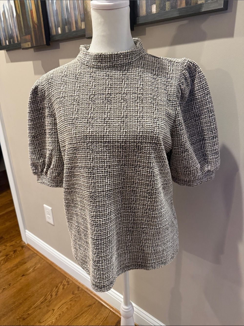 Ann Taylor Black, cream, gray and gold Textured Mock Neck Puff Sleeve Blouse